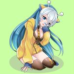  1girl bandage_on_face blue_eyes blue_hair girafarig horns jacket kasuka108 long_hair necktie open_mouth personification pokemon solo thigh-highs 