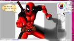  1boy abs arm_support artist_name belt bodysuit comic_sans deadpool english fourth_wall highres jazzjack korean looking_at_viewer male_focus marvel mask metro_2033 muscle photoshop pointing pointing_at_viewer shadow skullgirls solo steam_(platform) sword uneven_eyes utility_belt weapon windows 