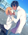  1boy 1girl arjuna_(fate/grand_order) black_hair chain-link_fence dark_skin fate/grand_order fate_(series) female_protagonist_(fate/grand_order) fence hands_on_another&#039;s_face height_difference incipient_kiss looking_at_another short_hair u_928 