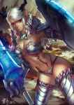  1girl armor armored_boots bikini_armor boots castanic_(tera) dark_skin fur lance lipstick long_hair looking_at_viewer makeup navel pauldrons pointy_ears polearm shield solo tera_online vambraces weapon white_hair wuduo yellow_eyes 
