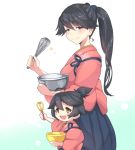  2girls :d akaneyu_akiiro black_hair blush blush_stickers bowl brown_eyes commentary_request hair_between_eyes hair_ribbon hakama high_ponytail holding houshou_(kantai_collection) japanese_clothes kantai_collection kimono long_hair looking_at_viewer mixing_bowl mother&#039;s_day multiple_girls open_mouth ponytail ribbon short_hair smile tasuki teeth tsuki whisk 