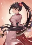  1girl ayame_(kabaneri) back bangs black_hair bow_(weapon) breasts flower from_behind hakama hand_on_own_chest holding holding_weapon japanese_clothes koutetsujou_no_kabaneri lialight long_hair long_sleeves looking_back obi parted_lips sash shade smile solo very_long_hair violet_eyes weapon wide_sleeves 