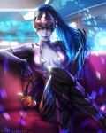  1girl absurdres blue_hair breasts cleavage crossed_legs gloves goggles high_ponytail highres large_breasts light_smile lips long_hair looking_at_viewer overwatch purple_skin rena_illusion sitting solo theft widowmaker_(overwatch) yellow_eyes 