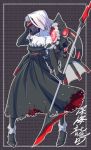  bangs commentary_request dark_persona dress elbow_gloves glaive glance gloves holding holding_weapon kantai_collection mask multicolored_hair parted_bangs pink_hair rigging shinkaisei-kan strapless strapless_dress tatsuta_(kantai_collection) torichamaru translation_request white_hair 