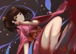  1girl brown_hair choker floral_print hair_ribbon highres japanese_clothes kimono koutetsujou_no_kabaneri long_sleeves looking_at_viewer mumei_(kabaneri) petals red_eyes ribbon ribbon_choker scal2let short_hair short_kimono solo twintails 