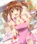  1girl apron bare_shoulders breasts brown_eyes brown_hair cherry cleavage food foreshortening fruit hair_ornament highres idolmaster idolmaster_cinderella_girls jewelry kitchen large_breasts looking_at_viewer open_mouth parfait seneto skirt smile solo totoki_airi twintails 