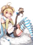  1girl :3 anchira_(granblue_fantasy) animal antenna_hair bell blonde_hair blue_bow blue_shorts blush bow brown_eyes brown_fur closed_mouth crossed_legs cutoffs denim denim_shorts ear_bow fingers_together from_side fur fur_collar fur_trim granblue_fantasy hair_between_eyes hairband highres horizontal-striped_legwear jingle_bell looking_at_viewer looking_to_the_side midriff monkey monkey_ears monkey_tail mugcup multicolored_hair navel pom_pom_(clothes) red_eyes short_hair short_shorts shorts sitting smile solo stomach tail tail_bow tsurime two-tone_hair 