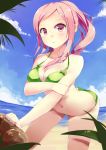  1girl :o arm_support beach bent_over bikini breast_hold breasts cleavage green_bikini kauru00 long_hair looking_at_viewer navel ocean original pink_eyes pink_hair ponytail sidelocks solo swimsuit 