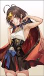  1girl armpits bangs bare_shoulders blush brown_eyes brown_hair cape choker grin hair_ribbon headgear infukun koutetsujou_no_kabaneri looking_at_viewer mumei_(kabaneri) ribbon ribbon_choker shirt short_hair skirt sleeveless sleeveless_shirt smile solo 