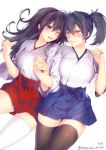  2girls akagi_(kantai_collection) black_hair blush breasts brown_eyes brown_hair hakama_skirt heart heart_of_string highres holding_hands japanese_clothes kaga_(kantai_collection) kantai_collection long_hair multiple_girls obiwan one_eye_closed red_string short_hair side_ponytail simple_background smile string tasuki thigh-highs white_background yellow_eyes yuri zettai_ryouiki 