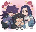  3boys animal_ears aqua_eyes black_hair black_tail blush cat_boy cat_ears cat_tail fang fengxi_(the_legend_of_luoxiaohei) flower grey_eyes hair_over_one_eye long_sleeves luoxiaohei multiple_boys open_mouth outline parted_lips pink_background red_flower sanjiro_(tenshin_anman) short_hair short_sleeves smile sparkle tail the_legend_of_luo_xiaohei violet_eyes white_outline wuxian_(the_legend_of_luoxiaohei) 