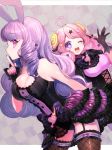  2girls ;d animal_ears chuchu_(show_by_rock!!) drill_hair finger_to_mouth fishnet_legwear fishnets from_side garter_straps horns long_hair moa_(show_by_rock!!) momoshiki_tsubaki multiple_girls one_eye_closed open_mouth pink_eyes pink_hair profile purple_hair rabbit_ears ribbon-trimmed_legwear ribbon_trim sheep_ears sheep_horns show_by_rock!! shushing smile thigh-highs 