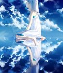  1girl achiki barefoot blue_eyes blue_sky clouds dress hair_ornament long_hair original parted_lips profile reflection ripples salar_de_uyuni shade sitting sky sleeveless sleeveless_dress soles solo tears triangle wariza water 