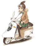  1girl animal_ears black_legwear blazer blonde_hair bow bowtie brown_eyes brown_shoes closed_mouth commentary_request full_body goggles goggles_on_head goggles_on_headwear green_bow ground_vehicle jacket loafers long_hair motor_vehicle nagatsuki_misoka original plaid plaid_bow plaid_skirt pleated_skirt rabbit_ears school_uniform scooter shoes simple_background sitting skirt smile solo spare_tire thigh-highs vespa white_background zettai_ryouiki 
