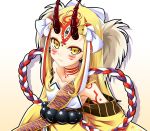  1girl blonde_hair collarbone facial_mark fate/grand_order fate_(series) highres horns ibaraki_douji_(fate/grand_order) japanese_clothes kimono long_hair pout simple_background tekku_(07201115) upper_body white_background yellow_eyes 