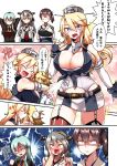  1boy 4girls admiral_(kantai_collection) aqua_eyes aqua_hair arms_behind_head arms_up bare_shoulders belt black_hair blonde_hair blue_eyes blush breasts brown_eyes brown_hair buttons cleavage clenched_hand closed_eyes comic detached_sleeves elbow_gloves forehead_kiss full-face_blush garter_straps gloves hair_ornament hairband hairclip hand_on_own_cheek hand_on_own_face haruna_(kantai_collection) headgear heart heart_in_mouth highres hug huge_breasts iowa_(kantai_collection) jacket japanese_clothes jealous kaga_(kantai_collection) kantai_collection kiss long_hair looking_at_viewer looking_to_the_side miniskirt multiple_girls muneate nontraditional_miko one_eye_closed open_mouth ponytail remodel_(kantai_collection) ribbon-trimmed_sleeves ribbon_trim shaded_face side_ponytail skirt smile sparkle star star-shaped_pupils suzuya_(kantai_collection) symbol-shaped_pupils tasuki thigh-highs translation_request yokai zettai_ryouiki 