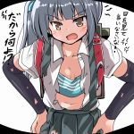  &gt;:d 1girl :d angry arm_warmers asymmetrical_hair backpack bag bangs blue_ribbon blunt_bangs blush brown_eyes buckle buttons collarbone cowboy_shot downblouse eyebrows eyebrows_visible_through_hair green_skirt hair_ribbon hands_on_hips kantai_collection kasumi_(kantai_collection) leaning_forward looking_at_viewer navel open_clothes open_mouth open_shirt pleated_skirt ribbon shirt short_sleeves side_ponytail silver_hair skirt small_breasts smile solo stomach suspender_skirt suspenders text torn_arm_warmers torn_clothes torn_skirt translation_request tsurime tsuzuri_(tuzuri) unbuttoned unbuttoned_shirt white_shirt 