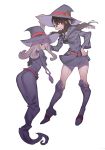  2girls :d akko_kagari aruterra ass back blush boots brown_hair eyelashes hair_over_one_eye hand_on_hip hat high_heels highres little_witch_academia long_hair multiple_girls open_mouth purple_hair simple_background smile staff sucy_manbabalan white_background witch witch_hat 