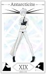  2015 androgynous antarcticite bare_legs belt black_gloves black_necktie black_shoes border character_name closed_mouth cojimama collared_shirt dated diamond_(symbol) full_body gloves high_heels houseki_no_kuni legs_apart looking_at_viewer necktie pale_skin profile roman_numerals shirt shoes short_hair short_sleeves shorts silver_hair solo standing uniform weapon white_shirt white_shorts 