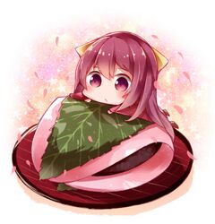  1girl boots bow brown_boots cherry_blossoms chibi food gasuto_(kamikami) hair_bow kamikaze_(kantai_collection) kantai_collection long_hair meiji_schoolgirl_uniform minigirl petals pink_eyes pink_hair sakura_mochi solo very_long_hair wagashi 