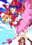  3girls :d :o asahina_mirai blonde_hair bow brown_eyes brown_hair frills hat hat_bow holding_hands izayoi_liko katsuki_kana long_hair low-tied_long_hair mahou_girls_precure! multiple_girls naruse_yasuhiro open_mouth pink_hat pink_skirt plaid plaid_bow precure purple_hair shirt short_hair skirt smile surprised twintails violet_eyes white_shirt witch_hat 