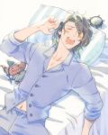  1boy alarm_clock asselin_bb_ii bed bed_sheet clock closed_eyes hat idolmaster idolmaster_side-m male_focus miki_(binzumekurage) navel nightcap open_mouth pajamas pillow satan_(idolmaster) sleeping solo striped stuffed_toy vertical_stripes wavy_hair 