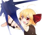  1girl :d ahoge blonde_hair fang foreshortening gotoh510 hair_ribbon highres index_finger_raised long_sleeves open_mouth outstretched_arm pointing red_eyes red_ribbon ribbon rumia short_hair simple_background smile solo touhou upper_body white_background 