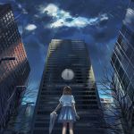  1girl album_cover bare_tree blurry brown_hair building chaken city clock clouds cloudy_sky cover from_behind from_below highres holding lamppost light_rays original rain scenery school_uniform sky solo sun tree umbrella vocaloid water_drop 