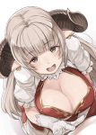  1girl :d alicia_(granblue_fantasy) all_fours armor bangs bed_sheet bikini bikini_armor blunt_bangs blush breasts cleavage_cutout cross cross_earrings downblouse dutch_angle earrings elbow_gloves eyebrows eyebrows_visible_through_hair frilled_sleeves frills gloves granblue_fantasy horns jewelry kawaty large_breasts long_hair looking_at_viewer open_mouth pointy_ears puffy_short_sleeves puffy_sleeves red_bikini short_sleeves smile solo swimsuit white_gloves white_hair 