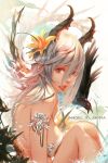  1girl armband bare_shoulders bird breast_press breasts dako6995 feathers flower hair_flower hair_ornament highres horns lips long_hair looking_at_viewer mole mole_under_eye parted_lips plant sitting violet_eyes white_hair 