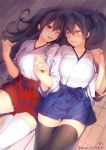  2girls akagi_(kantai_collection) black_hair blush breasts brown_eyes brown_hair hakama_skirt heart heart_of_string highres holding_hands japanese_clothes kaga_(kantai_collection) kantai_collection long_hair multiple_girls obiwan one_eye_closed red_string short_hair side_ponytail smile string tasuki thigh-highs yellow_eyes yuri zettai_ryouiki 