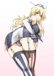  1girl :o american_flag_panties anchor armpits ass bangs bent_over blonde_hair blue_eyes breasts chain crotch_seam eyebrows eyebrows_visible_through_hair fingerless_gloves from_behind front-tie_top garter_straps gloves gradient gradient_background hair_between_eyes headgear highres iowa_(kantai_collection) kantai_collection large_breasts long_hair looking_at_viewer looking_back miniskirt mismatched_legwear oku_tamatarou panties pantyshot pantyshot_(standing) pink_background skirt sleeveless solo standing star star-shaped_pupils star_print striped symbol-shaped_pupils thigh-highs thigh_gap underwear white_background wrist_cuffs 