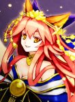  1girl animal_ears breasts caster_(fate/extra) cleavage detached_sleeves fate/extra fate/grand_order fate_(series) fox_ears fox_tail hair_ribbon japanese_clothes kurage_(kurageru) looking_at_viewer open_mouth pink_hair ribbon solo tail yellow_eyes 