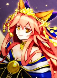  1girl animal_ears breasts caster_(fate/extra) cleavage detached_sleeves fate/extra fate/grand_order fate_(series) fox_ears fox_tail hair_ribbon japanese_clothes kurage_(kurageru) looking_at_viewer open_mouth pink_hair ribbon solo tail yellow_eyes 