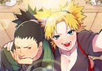  1boy 1girl arm_around_shoulder black_hair blonde_hair blush breasts chromatic_aberration cleavage couple looking_at_viewer muyukikiyoshi11521 nara_shikamaru naruto naruto_shippuuden open_mouth quad_tails self_shot temari 