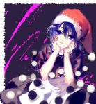  1girl black_dress blue_eyes blue_hair doremy_sweet dress hands_on_own_cheeks hands_on_own_face hat hug_(artist) looking_at_viewer multicolored_dress nightcap pom_pom_(clothes) solo touhou white_dress 