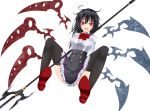  1girl alternate_costume asymmetrical_hair asymmetrical_wings black_hair black_legwear black_skirt bow bowtie breasts dress_shirt gmot houjuu_nue large_breasts long_sleeves open_mouth polearm red_eyes shirt skirt solo spread_legs thigh-highs touhou trident underbust virgin_killer_outfit weapon white_background wings 