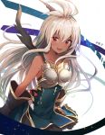  1girl :d bare_shoulders black_gloves blush collarbone dark_skin dated gloves granblue_fantasy hayama_eishi long_hair looking_at_viewer number open_mouth red_eyes silver_hair skirt smile solo sparkle the_order_grande very_long_hair white_background 
