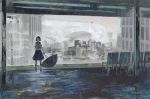  1girl black_hair blurry building chair chaken city clouds cloudy_sky commentary faux_traditional_media fish original ripples school_uniform serafuku short_hair sky solo surreal train_station umbrella water whale 