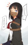  1girl bdsm black_hair blue_eyes bondage bound bound_wrists cardigan gag gagged highres hoojiro_(found1093) improvised_gag long_hair one_eye_closed original school_uniform serafuku tape tape_gag tied_up 