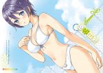  1girl :&lt; bikini black_hair blue_eyes blush breasts chain-link_fence character_name cleavage cowboy_shot dutch_angle fence front-tie_bikini front-tie_top hair_between_eyes hamashima_shigeo hand_on_own_chest haruna_nii highres large_breasts outdoors oyogimasen. parted_lips scan short_hair solo swimsuit white_bikini 