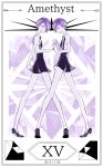  2015 amethyst_(houseki_no_kuni) androgynous bare_arms bare_legs black_necktie black_shoes black_shorts border braid character_name closed_mouth cojimama collared_shirt dated diamond_(symbol) full_body hair_over_one_eye holding_hands houseki_no_kuni legs_apart looking_at_viewer necktie one_eye_covered profile purple_hair roman_numerals shirt shoes short_hair short_sleeves shorts siblings smile standing suspender_shorts suspenders twins uniform white_shirt 