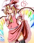  1girl black_legwear blonde_hair bow finger_to_mouth flandre_scarlet frills hat hat_bow heart inuno_rakugaki red_eyes skirt_hold solo touhou wings 