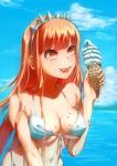 1girl :p absurdres bare_arms bare_shoulders bikini blue_sky blush breasts cleavage collarbone crazy_eyes day fate/grand_order fate_(series) food food_on_body food_on_face henakon highres holding holding_food ice_cream ice_cream_cone long_hair medb_(fate/grand_order) melting midriff navel ocean orange_eyes orange_hair outdoors sky solo stomach summer swimsuit tongue tongue_out water white_bikini 