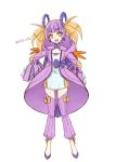  1girl alternate_color earrings eyebrows eyebrows_visible_through_hair full_body hair_ornament hood hood_down jewelry kasuka108 looking_at_viewer multicolored_hair open_mouth personification pokemon purple_hair purple_legwear shiny_pokemon solo standing swampert two-tone_hair wide_sleeves yellow_eyes 