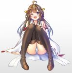  1girl ;d ahoge bare_shoulders blue_eyes boots brown_hair detached_sleeves double_bun full_body gradient gradient_background hairband hand_on_own_knee headgear high_heels japanese_clothes kantai_collection kongou_(kantai_collection) long_hair noboru_(ohayochan) nontraditional_miko one_eye_closed open_mouth panties pantyshot pantyshot_(sitting) ribbon-trimmed_sleeves ribbon_trim sitting skirt smile solo thigh-highs thigh_boots underwear 