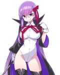  &gt;:) 1girl bb_(fate/extra_ccc) bespectacled black_legwear boots breasts chan_co contrapposto covered_navel cowboy_shot fate/extra fate/extra_ccc fate_(series) glasses gloves hair_ribbon jacket large_breasts leotard long_hair pointer purple_hair ribbon simple_background solo taut_leotard thigh-highs thigh_boots violet_eyes white_background white_gloves wide_sleeves 