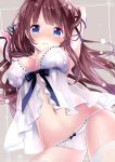  1girl babydoll blue_eyes blush breasts brown_hair camisole cleavage long_hair mintsu_(ichi--kun) navel original panties ribbon-trimmed_panties ribbon-trimmed_underwear ribbon_trim solo underwear 