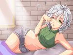  1girl arm_support bare_shoulders bed_sheet bubble crop_top eiyuu_densetsu fie_claussell green_eyes green_panties grey_hair highres hips light_rays looking_at_viewer lying midriff navel on_side one_eye_closed open_clothes open_shorts panties parted_lips rubbing_eyes sen_no_kiseki short_hair short_shorts shorts sleeveless solo underwear waking_up window you_xi_feng 