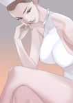  breasts brown_eyes collarbone covered_nipples dtym highres lips nipples one-piece_swimsuit smile swimsuit white_swimsuit 